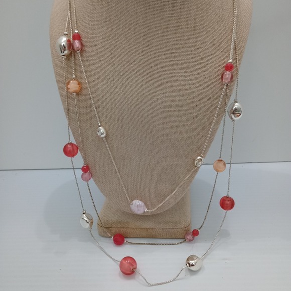 Stampted NWT Jewelry - Long Layered  Silver Tone Station Necklace Pink Coral Beads Stamped NWT